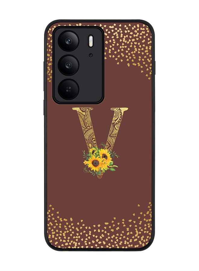 For Realme C75x / C75 4G Case,Slim fit Camera Protection, Shockproof Thin Phone cover  - Custom Floral Monogram - V  (Brown )